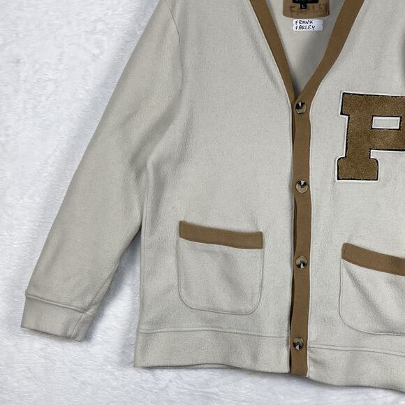 DR Essentials Mens L Ivory Tan Fleece Varsity Letter Cardigan Sweater College - Picture 3 of 10